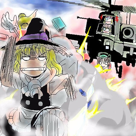 satsuki hare shin, satsuki harunobu, chen, kirisame marisa, yakumo ran, yakumo yukari, touhou, lowres, 4girls, ah-64, ah-64 apache, aircraft, attack helicopter, blonde hair, female focus, gunship, helicopter, helicopter gunship, military, military vehicle, multiple girls, oekaki, sketch, what