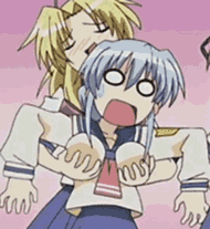 kiriya erika, satou yoshimi, tsuyokiss, animated, animated gif, lowres, 2girls, blonde hair, blue hair, blush, breasts, closed eyes, from behind, grabbing another's breast, groping, large breasts, multiple girls, o o, open mouth, school uniform, serafuku, surprised, sweatdrop