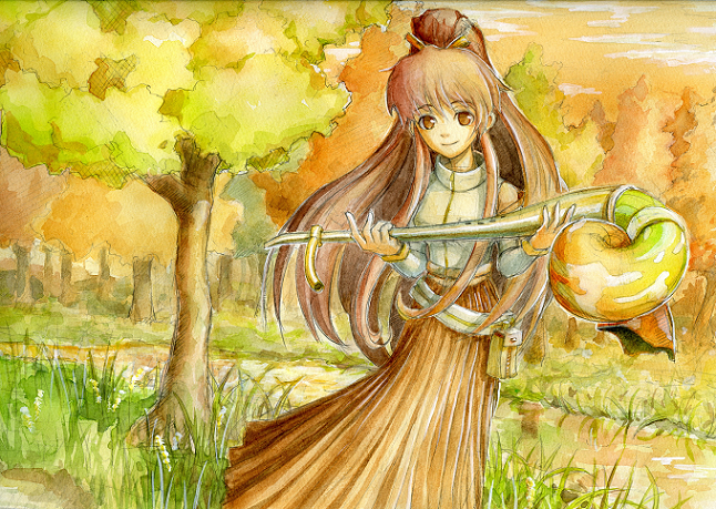 risu, 1girl, brown hair, female focus, instrument, long hair, nature, outdoors, sky, solo