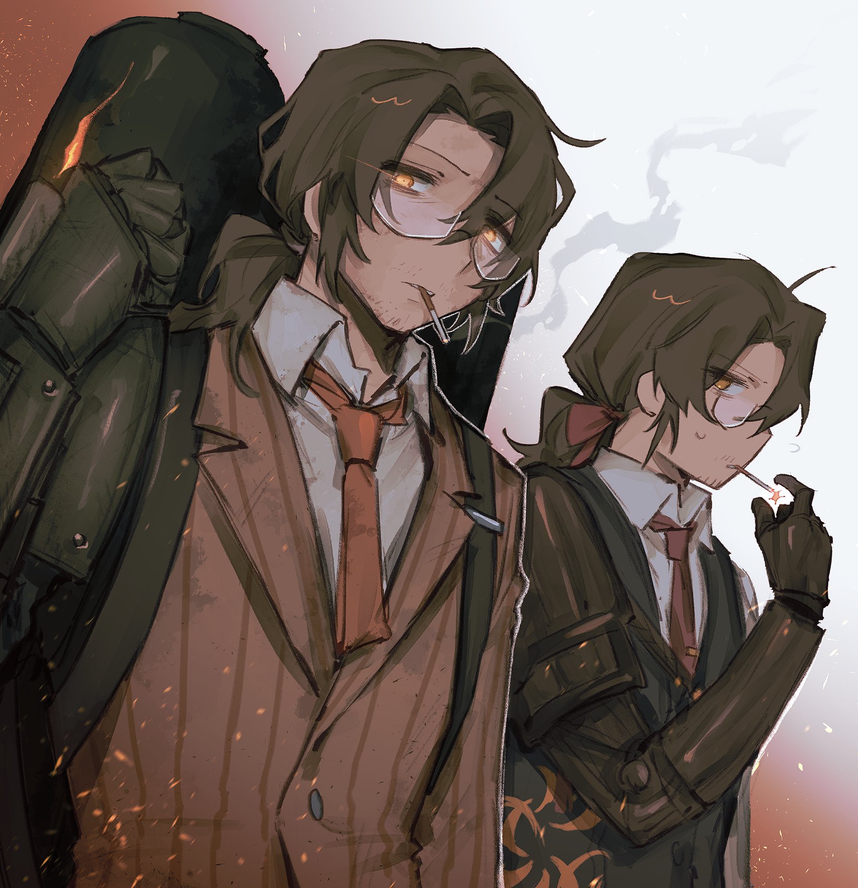 yobunkiii, gregor (project moon), limbus company, project moon, highres, 2boys, beard stubble, black vest, bow, brown eyes, brown hair, brown jacket, brown suit, cigarette, collared shirt, embers, facial hair, firefist office (identity) (project moon), formal clothes, glasses, hair bow, jacket, long hair, looking at viewer, low ponytail, male focus, multiple boys, necktie, ponytail, prosthesis, prosthetic arm, red background, red bow, red necktie, shirt, simple background, standing, striped clothes, stubble, suit, upper body, vest, white shirt