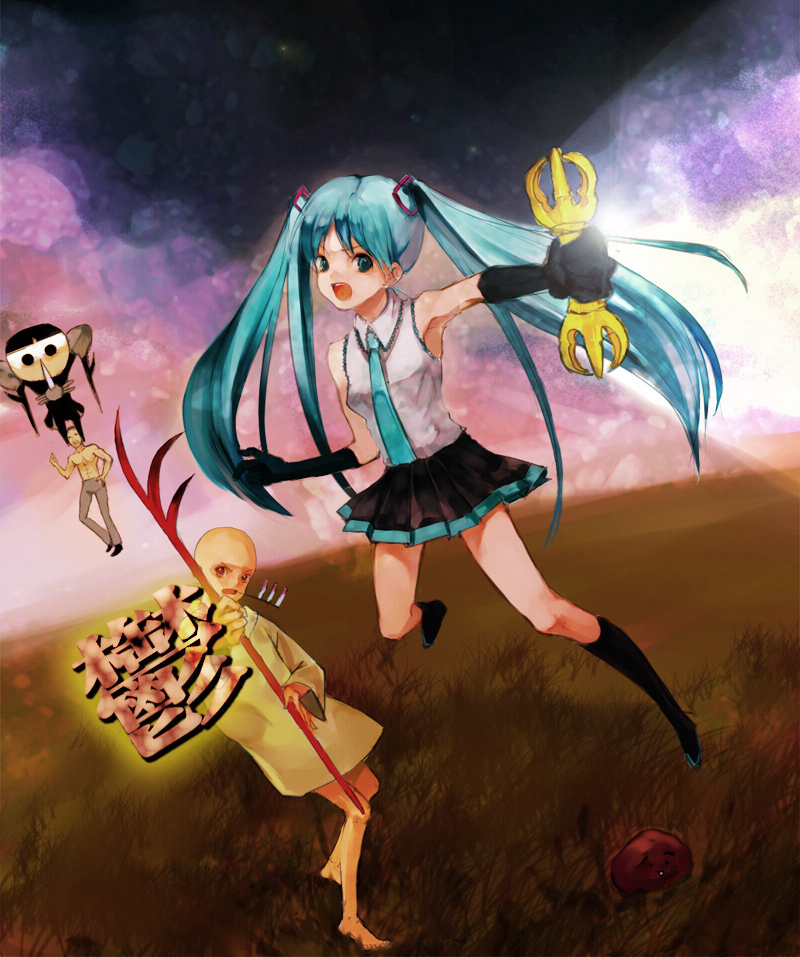 fukahire (ruinon), angel (evangelion), hatsune miku, sachiel (evangelion), neon genesis evangelion, sayonara zetsubou sensei, vocaloid, bad id, bad pixiv id, 1girl, 2boys, aqua hair, armpits, barefoot, flying, monk, multiple boys, parody, twintails, vajra (object)