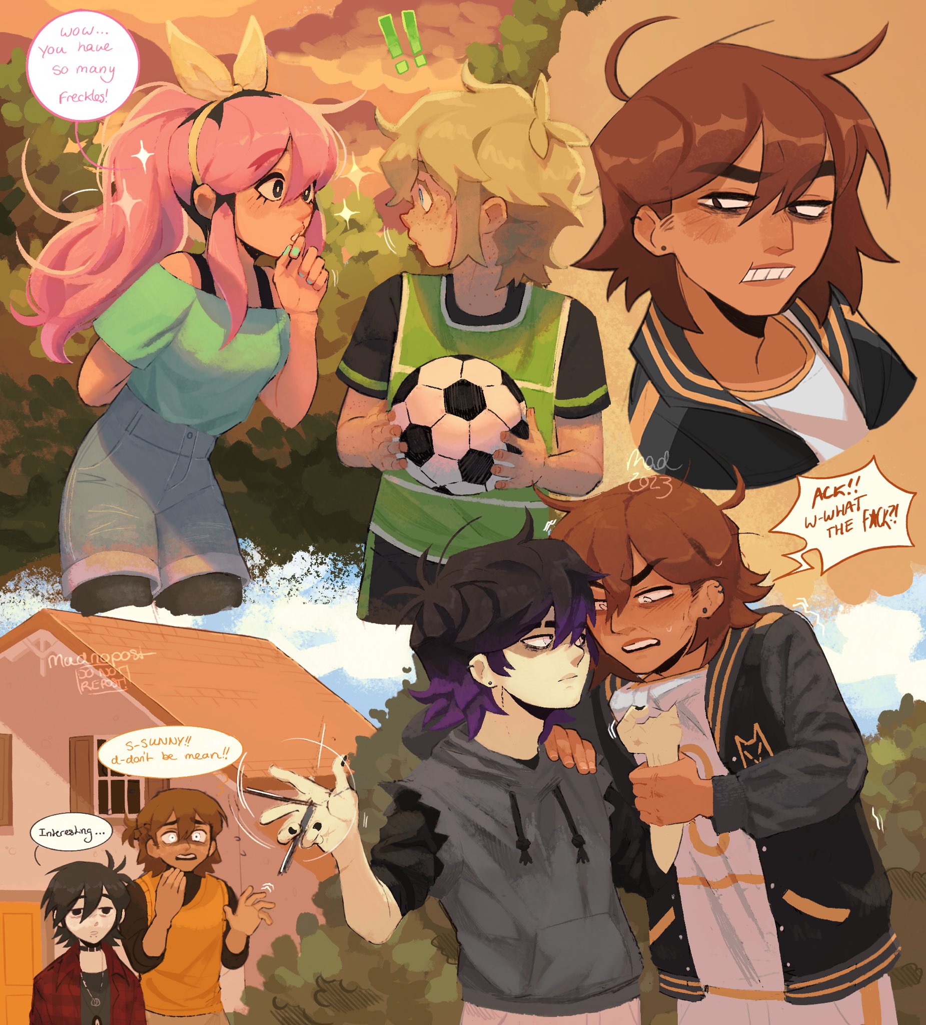 madnopost, aubrey (faraway) (omori), aubrey (omori), basil (faraway) (omori), basil (omori), kel (faraway) (omori), kel (omori), sunny (omori), omori, highres, !, !!, 1girl, 5boys, alternate costume, alternate hairstyle, alternate universe, antenna hair, ball, black eyes, black hair, black jacket, black nails, blonde hair, blue eyes, blue nails, blue shirt, blue shorts, bra strap, bright pupils, brown eyes, brown hair, censored profanity, closed mouth, dark-skinned male, dark skin, denim, denim shorts, double-parted bangs, ear piercing, emori (shrimperini), english text, flying sweatdrops, freckles, grey hoodie, hairband, holding, holding ball, hood, hoodie, house, jacket, jewelry, long sleeves, looking at another, multicolored hair, multiple boys, necklace, off-shoulder shirt, off shoulder, open mouth, outdoors, parted lips, piercing, pink hair, ponytail, purple hair, shirt, short hair, short sleeves, shorts, sidelocks, soccer ball, speech bubble, t-shirt, teeth, two-tone hair, upper teeth only, white pupils, white shorts, yellow hairband