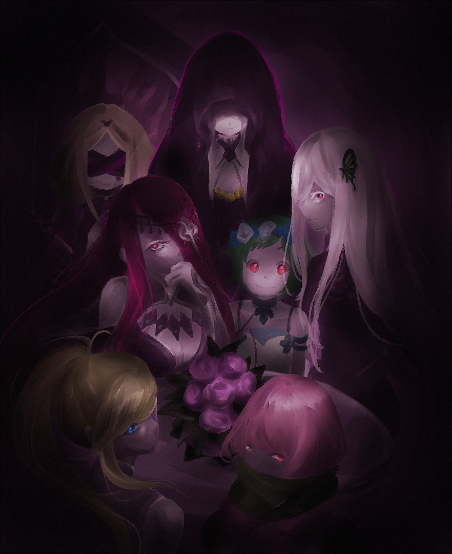 carmilla (re:zero), daphne (re:zero), echidna (re:zero), minerva (re:zero), satella (re:zero), sekhmet (re:zero), typhon (re:zero), re:zero kara hajimeru isekai seikatsu, 6+girls, blindfold, blonde hair, blue eyes, blue flower, blue hair, butterfly hair ornament, covered eyes, dark room, flower, flower bouquet, flower wreath, green hair, hair ornament, long sleeves, looking at viewer, multiple girls, pink hair, purple hair, red eyes, restrained, rose, white flower, white hair, witch