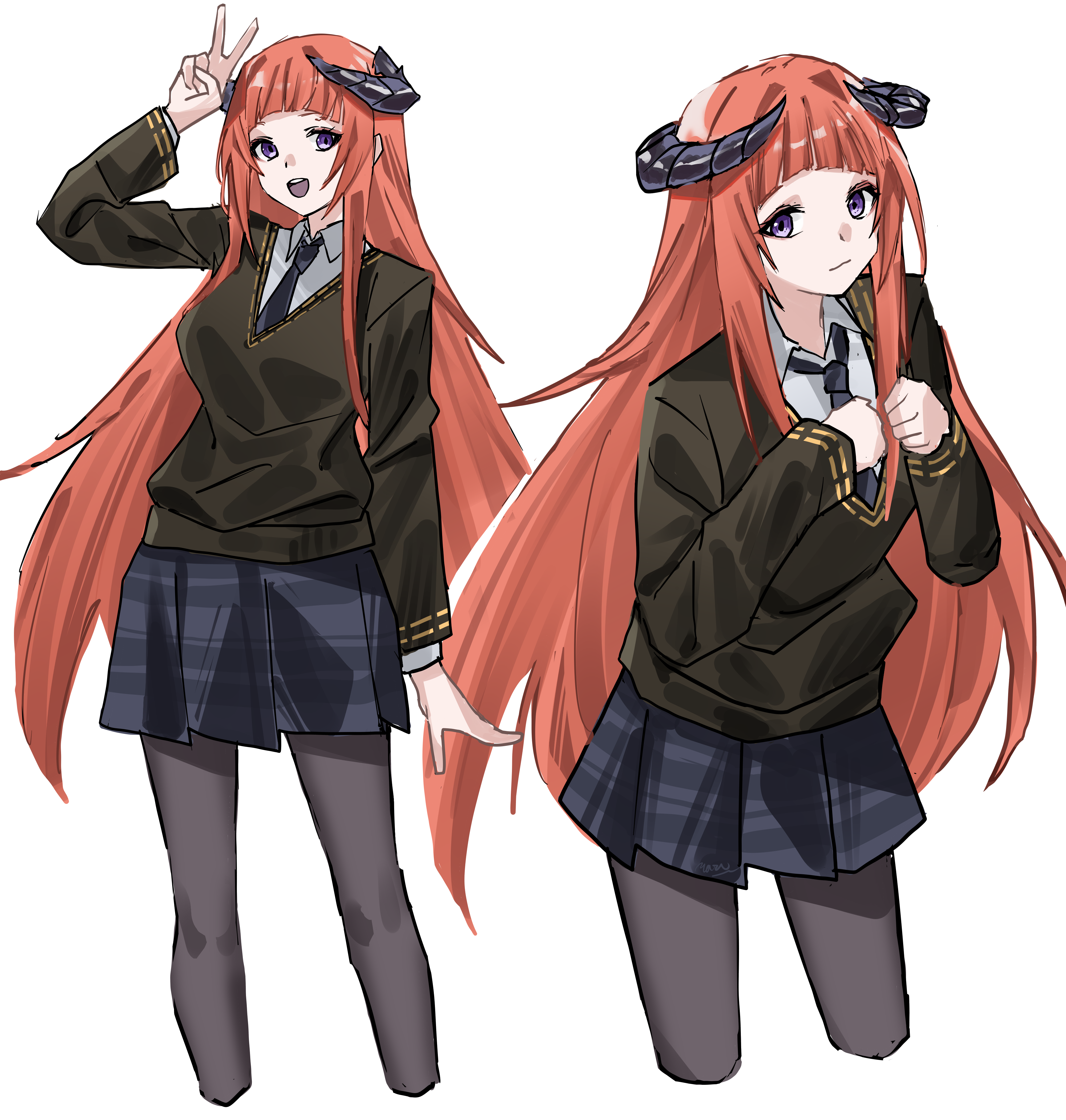 yazu (zoddiacz), bagpipe (arknights), arknights, absurdres, highres, 1girl, :d, arched bangs, arm up, black horns, black necktie, black pantyhose, black skirt, black sweater, closed mouth, collared shirt, cropped legs, curled horns, horns, light smile, long hair, long sleeves, looking at viewer, multiple views, necktie, open mouth, orange hair, pantyhose, purple eyes, school uniform, shirt, simple background, skirt, smile, standing, sweater, v, v over head, white background, white shirt