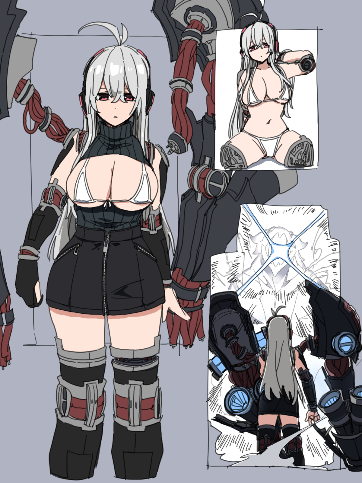 durindana 7, copyright request, highres, tagme, ahoge, breasts, cyborg, headphones, large breasts, midriff, simple background, thighs, white hair, wire