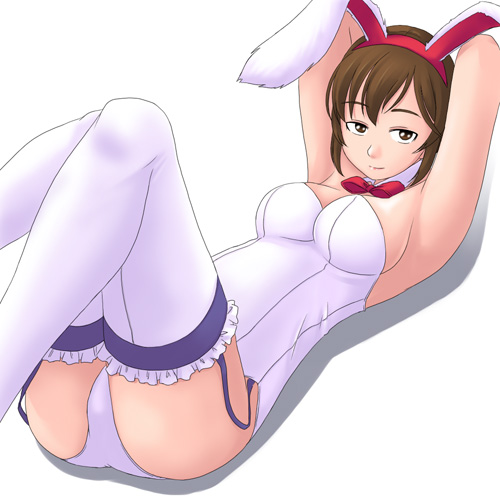 toshifumi, maria-sama ga miteru, character request, lowres, 00s, 1girl, animal ears, brown hair, collar, fake animal ears, female focus, leotard, playboy bunny, rabbit ears, solo, thighhighs