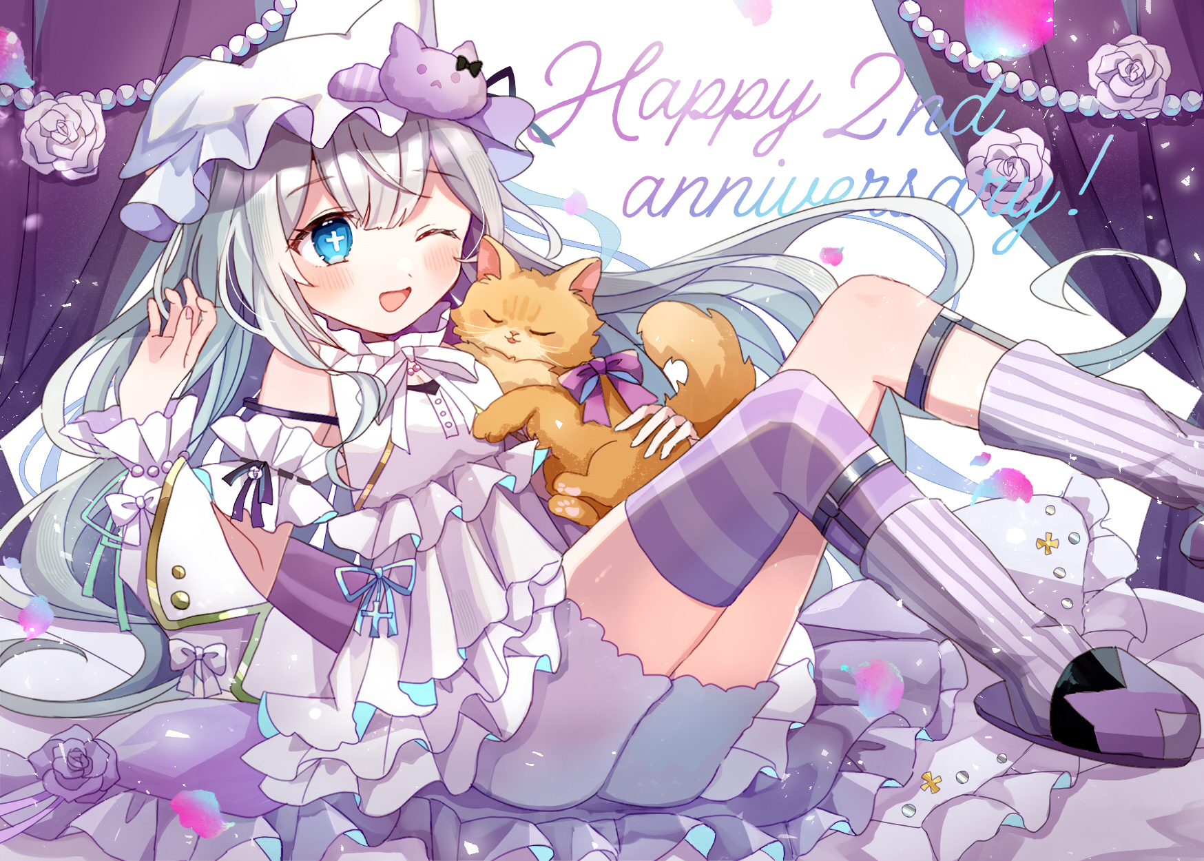 nemunemu1226, indie virtual youtuber, highres, 1girl, berue pokku, blue eyes, cat, detached sleeves, grey hair, heterochromia, long hair, orange cat, pink eyes, virtual youtuber