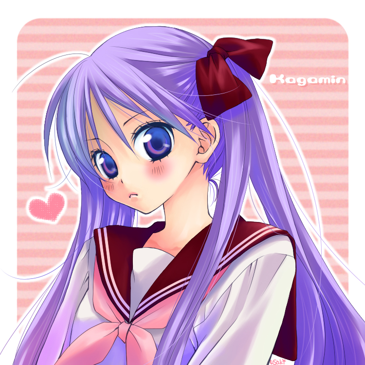 namisaki yuka, hiiragi kagami, lucky star, bad id, bad pixiv id, 00s, blush, hair ribbon, long hair, purple hair, ribbon, school uniform, serafuku, solo, twintails