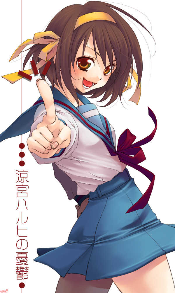 namisaki yuka, suzumiya haruhi, suzumiya haruhi no yuuutsu, 00s, brown hair, hair ribbon, open mouth, pointing, ribbon, school uniform, serafuku, short hair, smile, solo