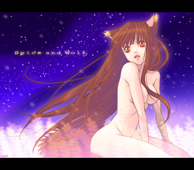namisaki yuka, holo, spice and wolf, looking away, bad id, bad pixiv id, 00s, 1girl, animal ears, breasts, brown hair, copyright name, female focus, letterboxed, long hair, nude, parted lips, red eyes, solo, tail, wolf ears, wolf tail