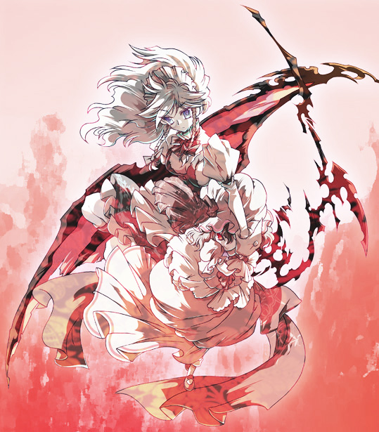 mura kuroe, izayoi sakuya, remilia scarlet, touhou, silver hair, bad id, bad pixiv id, 2girls, bat wings, dress, female focus, flying, full body, multiple girls, puffy short sleeves, puffy sleeves, short hair, short sleeves, vampire, white dress, wings