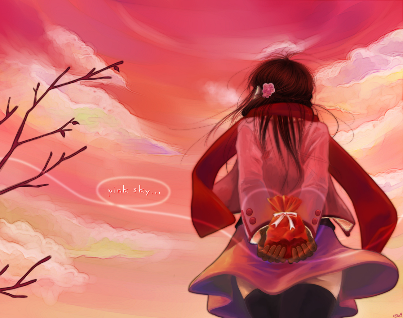 namisaki yuka, original, bad id, bad pixiv id, 1girl, arms behind back, black thighhighs, brown hair, cloud, female focus, from behind, gift, gloves, long hair, red sky, scarf, sky, solo, sunset, thighhighs, valentine, zettai ryouiki