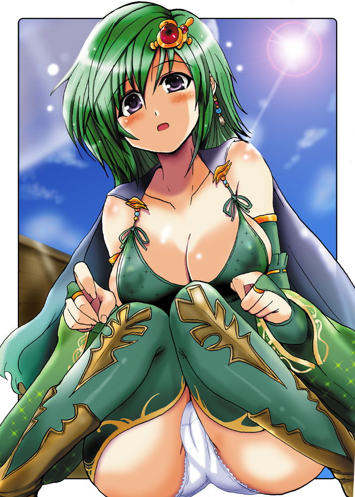 yasakani an, rydia (adult) (ff4), rydia (ff4), final fantasy, final fantasy iv, 1990s (style), 1girl, blush, breasts, cameltoe, cape, cleavage, detached sleeves, female focus, green hair, large breasts, outdoors, panties, purple eyes, retro artstyle, sky, solo, thighhighs, underwear