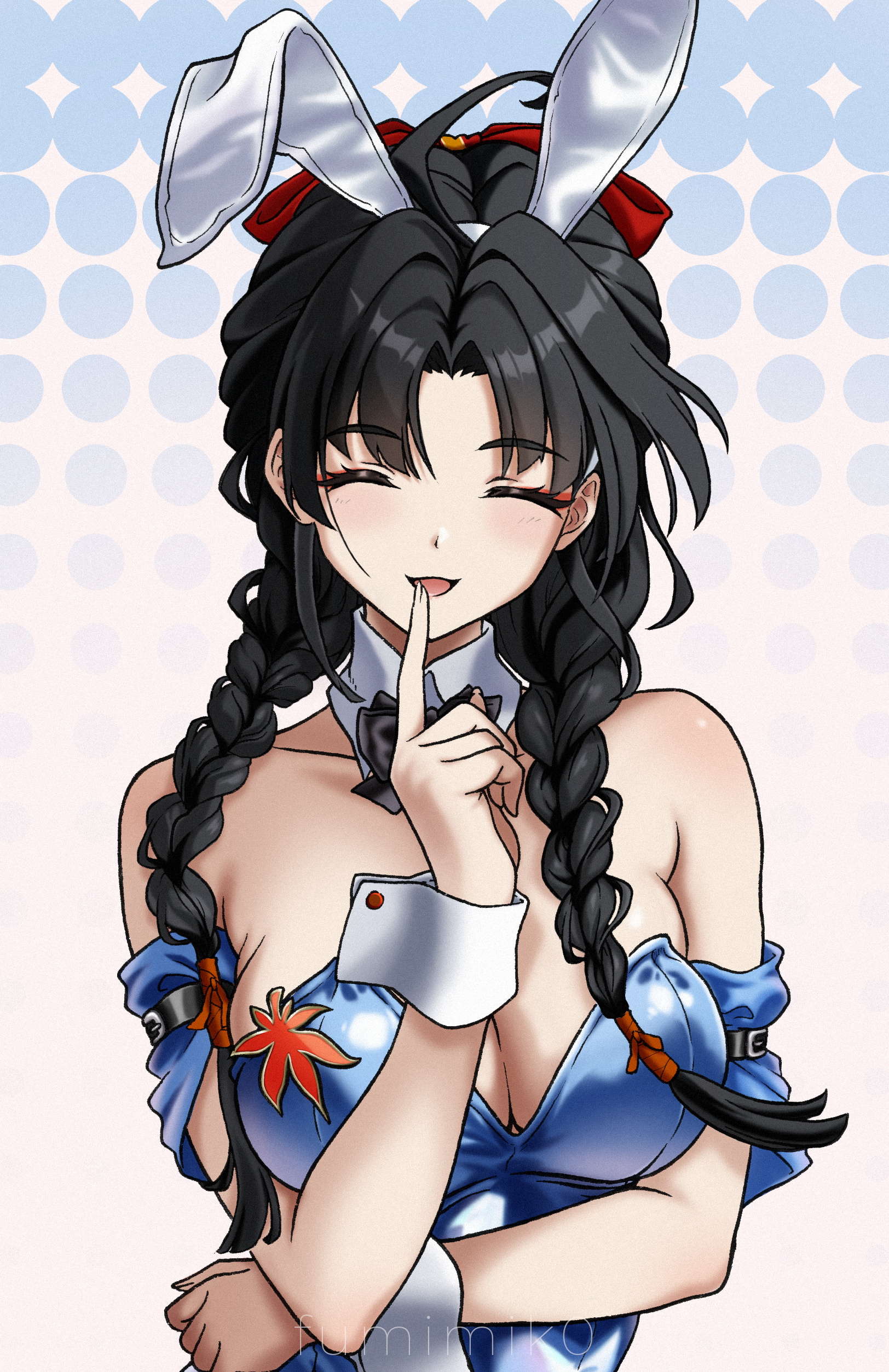 strinova, highres, 1girl, ahoge, animal ears, armpits, artist name, black hair, bow, braid, breasts, chiyo (strinova), cleavage, closed eyes, collarbone, detached collar, fake animal ears, finger to mouth, fumimik0, hair tie, large breasts, leotard, long hair, low twintails, open mouth, polka dot, polka dot background, rabbit ears, ribbon, simple background, smile, solo, twintails, wrist cuffs
