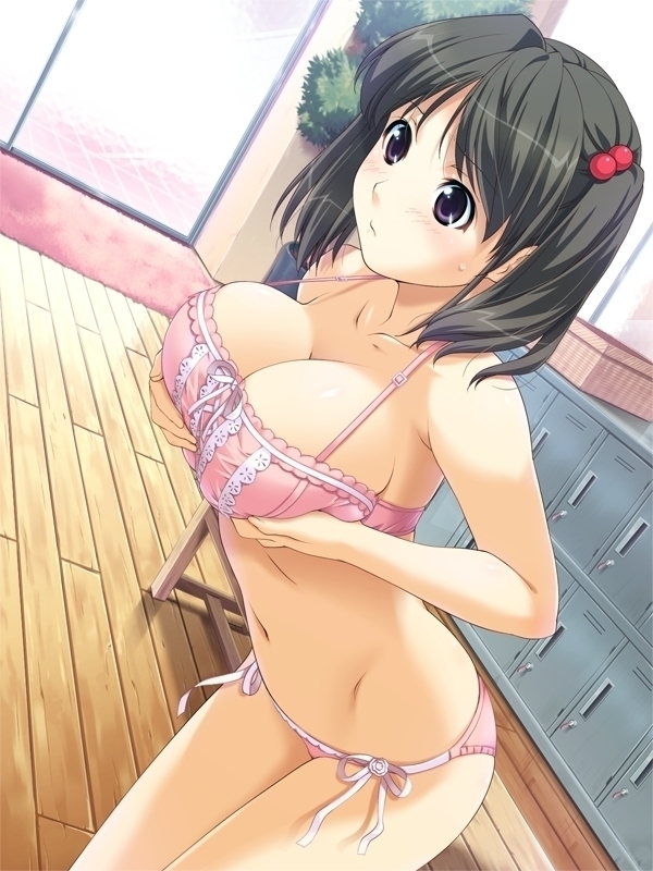 ino (magloid), serizawa madoka, kimihagu, breast hold, duplicate, game cg, 00s, 1girl, bench, black hair, blush, bra, breasts, breasts squeezed together, cleavage, collarbone, door, female focus, flower pot, hair bobbles, hair ornament, huge breasts, lingerie, locker, long hair, navel, panties, pink bra, pink panties, purple eyes, side-tie panties, solo, sweatdrop, tree, twintails, underwear, underwear only, window