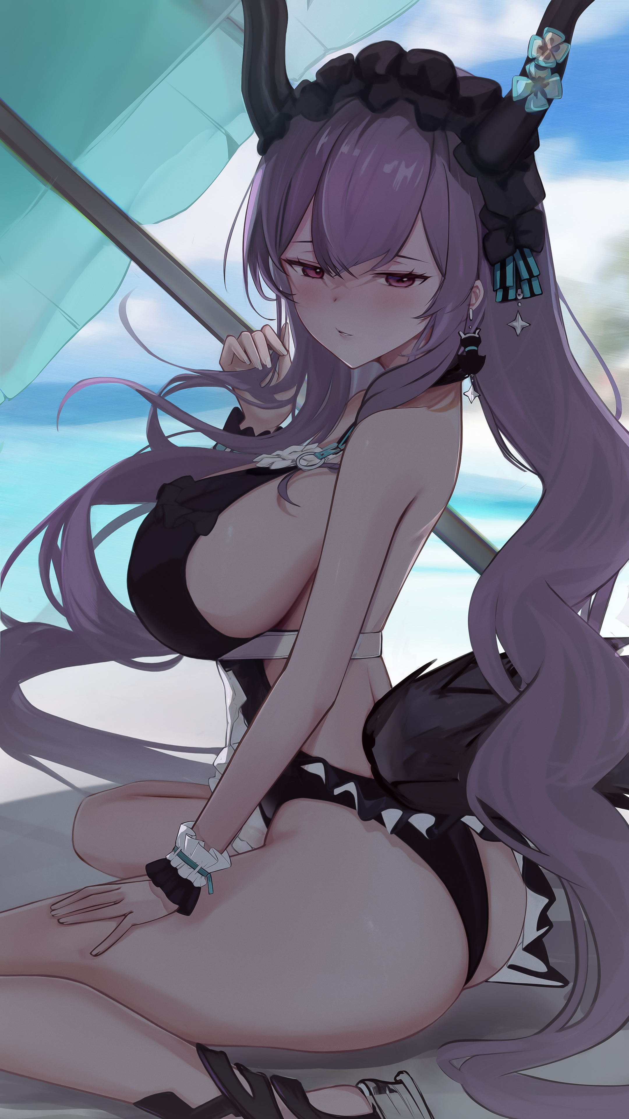 kyuu (q des9), typhon (arknights), typhon (temperature difference) (arknights), arknights, absurdres, commentary, highres, revision, 1girl, ass, bare back, bare legs, black hairband, black horns, black one-piece swimsuit, breasts, crossed bangs, frilled hairband, frills, hair between eyes, hairband, horns, large breasts, long hair, looking at viewer, official alternate costume, one-piece swimsuit, pink eyes, purple hair, ribbon trim, sideboob, simple background, sitting, solo, swimsuit, tail, thighs, wariza, white background, wrist cuffs