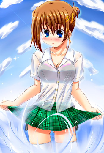 lask, yagami hayate, lyrical nanoha, mahou shoujo lyrical nanoha, mahou shoujo lyrical nanoha strikers, 00s, school uniform, see-through clothes, serafuku, solo, thighhighs, zettai ryouiki