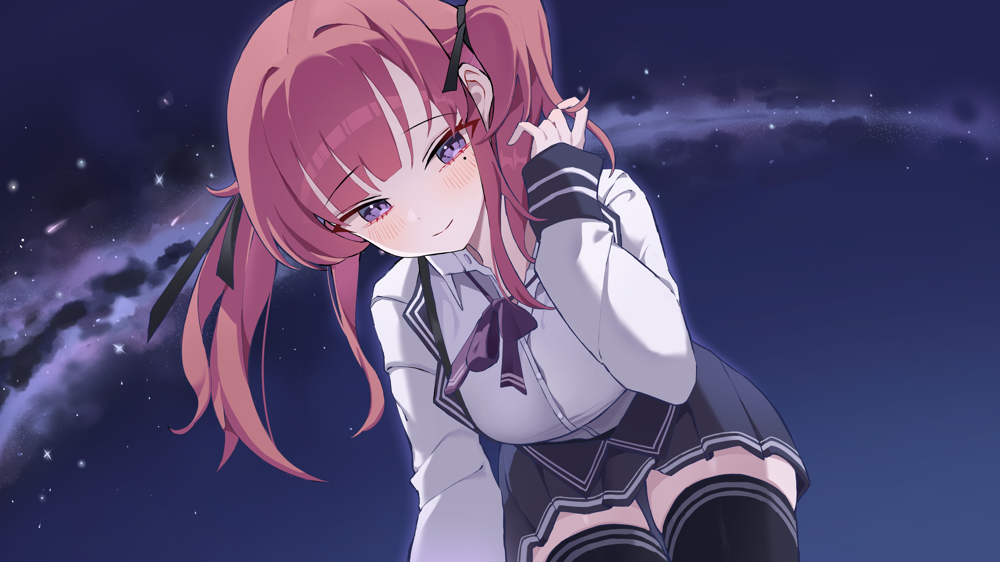 chozgum, natsuki karin, cevio, synthesizer v, absurdres, highres, 1girl, adjusting hair, black jacket, black ribbon, black thighhighs, blazer, blue background, blue skirt, blunt bangs, blush, bow, bowtie, breasts, closed mouth, collared shirt, hair ribbon, jacket, kneeling, large breasts, long hair, long sleeves, looking at viewer, miniskirt, mole, mole under eye, night, night sky, outdoors, pleated skirt, purple bow, purple bowtie, purple eyes, red hair, ribbon, school uniform, shirt, sidelocks, skirt, sky, solo, suspenders, thighhighs, twintails, white shirt, zettai ryouiki