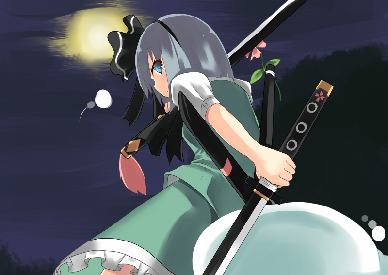 johnny funamushi, konpaku youmu, konpaku youmu (ghost), touhou, silver hair, 1girl, cloud, cloudy sky, female focus, floating hair, from behind, full moon, ghost, green eyes, hitodama, katana, looking at viewer, moon, outdoors, puffy short sleeves, puffy sleeves, sheath, sheathed, short sleeves, sky, solo, sword, weapon