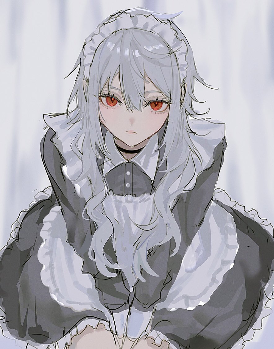 nokoru sora, ayanami rei, evangelion: 3.0 you can (not) redo, neon genesis evangelion, rebuild of evangelion, protected link, 1girl, apron, black choker, blue hair, choker, collared shirt, cuffs, grey hair, hands on lap, hands on own knees, long hair, long sleeves, looking at viewer, maid, maid apron, maid headdress, no pants, on ground, red eyes, shirt, sitting, white background, white hair