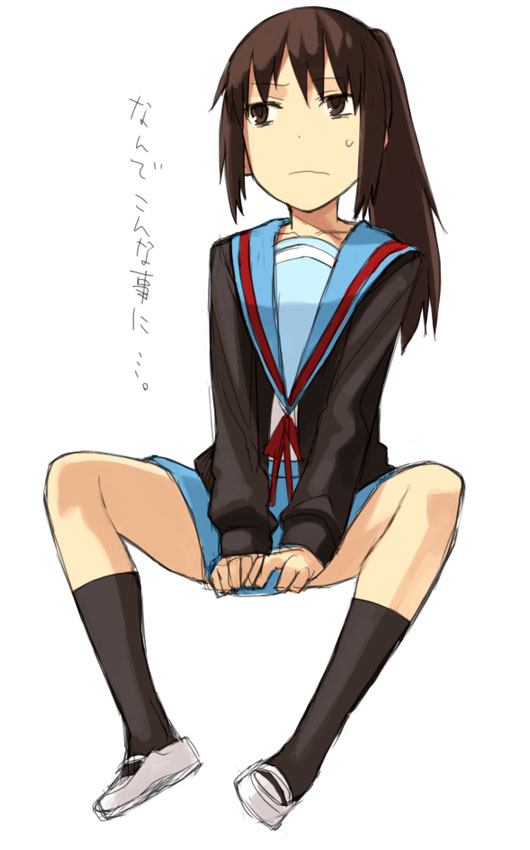 yu 65026, kyon, kyonko, suzumiya haruhi no yuuutsu, 00s, 1girl, black socks, female focus, full body, genderswap, genderswap (mtf), kneehighs, long sleeves, ponytail, school uniform, serafuku, simple background, socks, solo