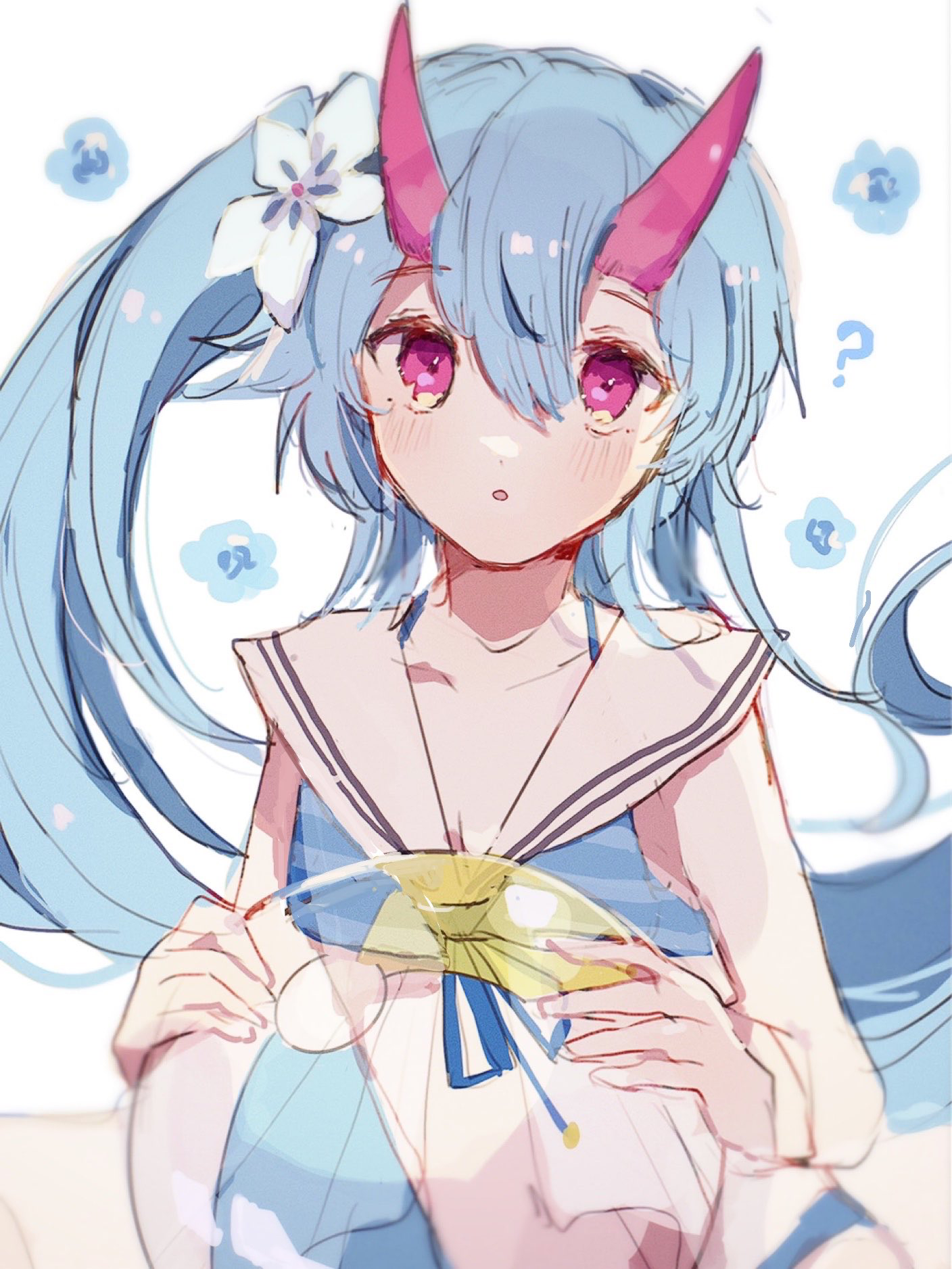 nemunemu1226, chise (blue archive), blue archive, highres, 1girl, :o, bikini, blue hair, flower, hair flower, hair ornament, horns, long hair, pink eyes, ponytail, sailor collar, swimsuit