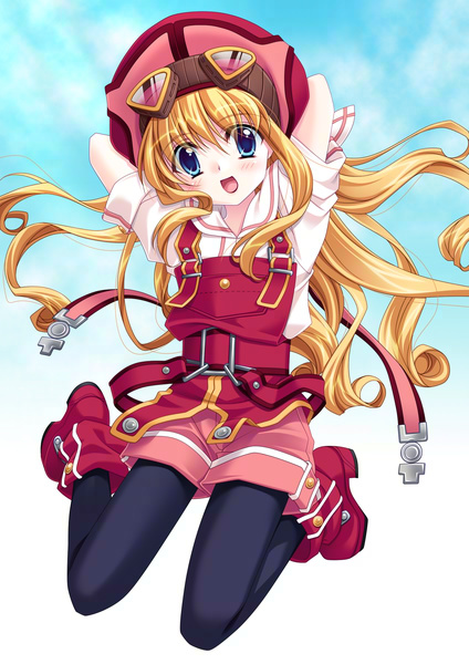 hasegawa yukino, tita russell, eiyuu densetsu, falcom, sora no kiseki, 1girl, :d, arms behind head, black pantyhose, blonde hair, blue eyes, blush, boots, female focus, full body, goggles, hat, long hair, looking at viewer, open mouth, pantyhose, pink shorts, shirt, short sleeves, shorts, sidelocks, smile, solo, suspenders