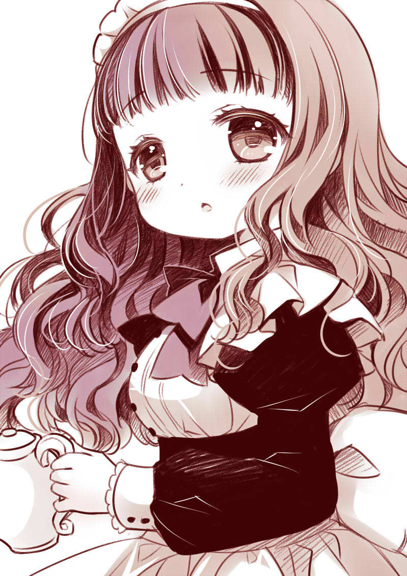 sakurazawa izumi, kusunoki midori, higanbana no saku yoru ni, commentary request, 1girl, apron, black dress, blush, bow, breasts, brown bow, brown eyes, brown hair, chestnut mouth, dress, from side, holding, juliet sleeves, long hair, long sleeves, looking at viewer, looking to the side, maid, maid headdress, medium breasts, parted lips, puffy sleeves, simple background, solo, upper body, very long hair, white apron, white background