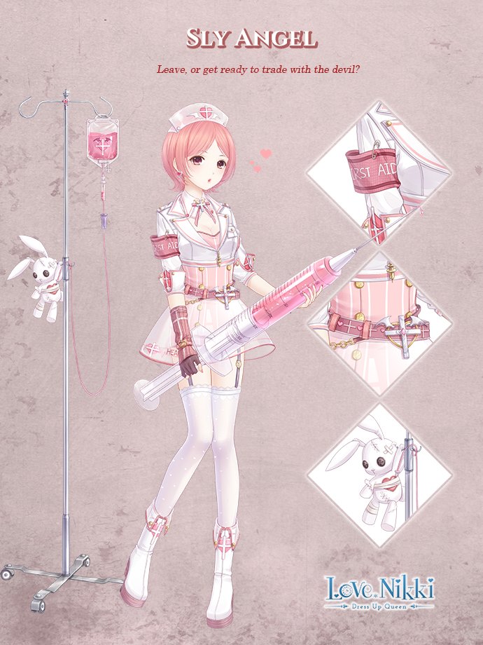 miracle nikki, nikki (series), artist request, official art, 1girl, :o, arm warmers, armband, belt, belt buckle, black gloves, boots, bracelet, brown background, brown eyes, buckle, buttons, character name, collar, collared jacket, copyright name, cropped jacket, cross, cross brooch, cross print, detached collar, dot nose, english text, fingerless gloves, full body, gloves, gold bracelet, hat, heart, heart print, holding, holding syringe, intravenous drip, jacket, jewelry, lace, lace-trimmed thighhighs, lace trim, lapels, leather, leather jacket, leotard, light blush, logo, long sleeves, looking at viewer, miniskirt, neck ribbon, notched lapels, nurse, nurse cap, open mouth, oversized object, pink arm warmers, pink armband, pink belt, pink hair, pink leotard, pink ribbon, pole, ribbed thighhighs, ribbon, see-through clothes, see-through headwear, see-through skirt, short hair, single arm warmer, single fingerless glove, skirt, sly angel (miracle nikki), solo, standing, striped clothes, striped leotard, stuffed animal, stuffed rabbit, stuffed toy, syringe, thighhighs, three-quarter sleeves, vertical-striped clothes, vertical-striped leotard, white boots, white collar, white hat, white jacket, white skirt, white thighhighs, wing print, winged heart