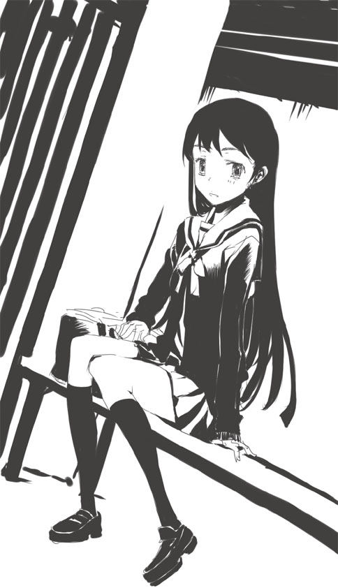 mura (kanojo no oukoku), original, greyscale, kneehighs, monochrome, school uniform, serafuku, socks, solo