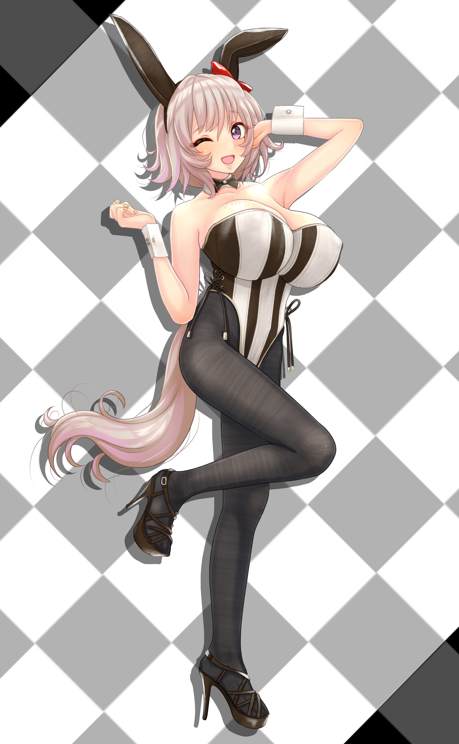 anetani kiki, curren chan (umamusume), umamusume, absurdres, highres, 1girl, ;d, animal ears, black pantyhose, blush, bow, breasts, brown leotard, collarbone, covered erect nipples, full body, grey hair, high heels, horse girl, horse tail, large breasts, leotard, looking at viewer, nontraditional playboy bunny, one eye closed, open mouth, pantyhose, playboy bunny, purple eyes, rabbit ears, red bow, short hair, smile, solo, standing, standing on one leg, striped clothes, striped leotard, tail, white leotard, wrist cuffs