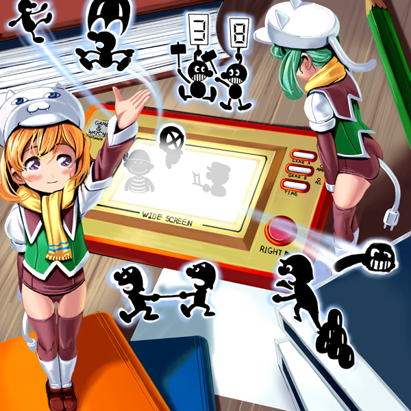 kouno (masao), mr. game & watch, game & watch, nintendo, 2girls, brown one-piece swimsuit, electric plug, green hair, hammer, multiple girls, no pants, one-piece swimsuit, orange hair, parachute, purple eyes, school swimsuit, socks, swimsuit, swimsuit under clothes, tail, thighhighs
