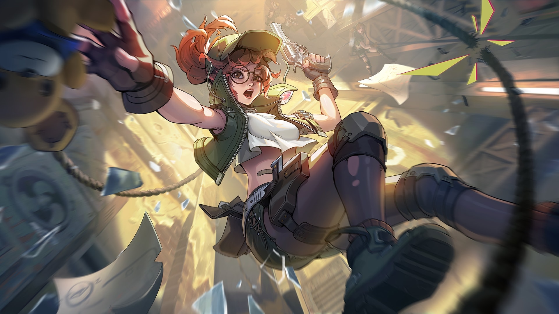fio germi, metal slug, highres, official art, 2girls, boots, brown eyes, brown gloves, brown hair, brown pantyhose, finger on trigger, fingerless gloves, glasses, gloves, green boots, green hat, green shorts, green vest, gun, handgun, hat, holding, holding gun, holding weapon, knee pads, long hair, metal slug awakening, midriff, multiple girls, open clothes, open mouth, open vest, pantyhose, pantyhose under shorts, rappelling, reaching, revolver, rope, round eyewear, short shorts, shorts, solo focus, stuffed animal, stuffed toy, tank top, teddy bear, teeth, upper teeth only, vest, weapon, white tank top