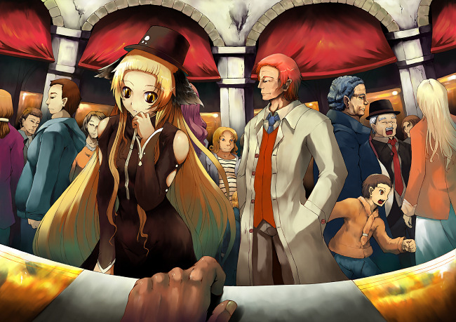 sts, original, 3girls, 6+boys, animal ears, blonde hair, brown hair, child, coat, dress, grey hair, hand on own face, hands in pockets, hat, indoors, jacket, long hair, multiple boys, multiple girls, necktie, paper, pov, purple hair, red hair, short hair, table, vest, white hair, yellow eyes
