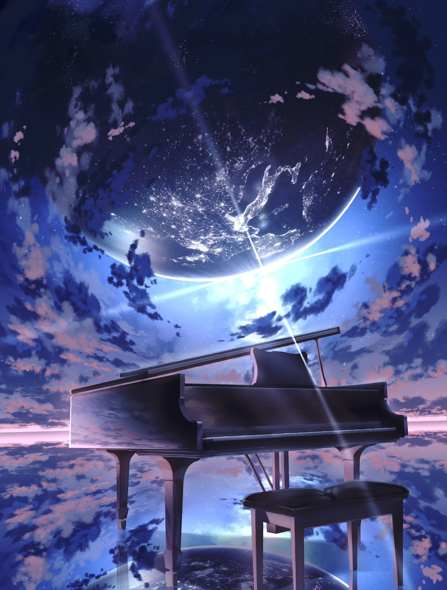 asukake project, original, commentary request, highres, backlighting, blue sky, chair, cloud, cloudy sky, grand piano, horizon, instrument, no humans, outdoors, piano, planet, reflection, reflective floor, scenery, shadow, sky