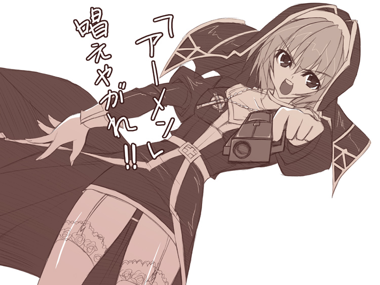 kobayashi chisato, original, 1girl, celtic cross, cross, female focus, gun, handgun, latin cross, monochrome, nun, pink theme, pistol, short hair, solo, thighhighs, weapon