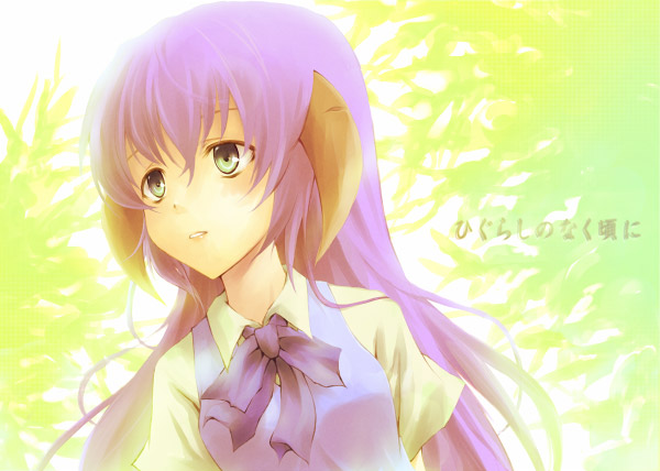 nekokun, hanyuu, higurashi no naku koro ni, 00s, bow, green eyes, horns, long hair, purple hair, school uniform, serafuku, solo