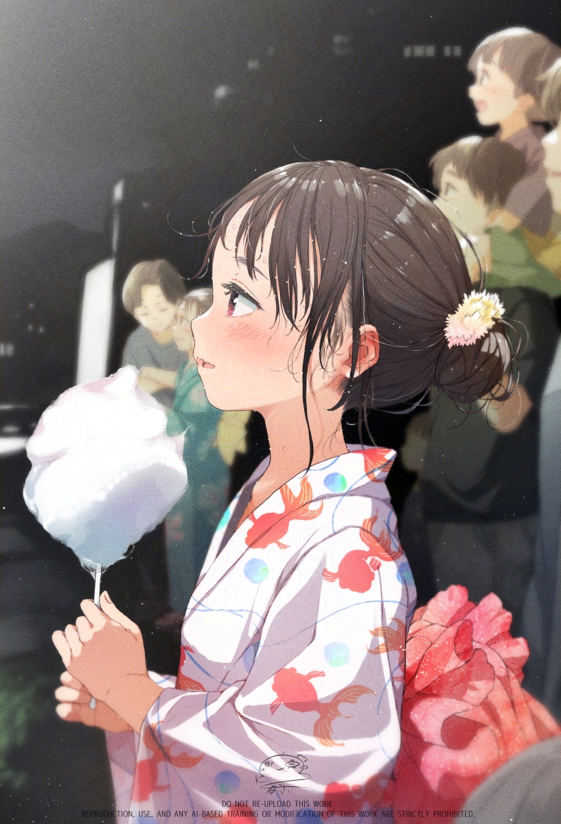 gomennasai, original, commentary request, highres, 3boys, 3girls, animal print, black hair, blush, choppy bangs, cotton candy, fish print, food, goldfish print, hair bun, holding, holding cotton candy, holding food, japanese clothes, kimono, multiple boys, multiple girls, night, night sky, outdoors, parted lips, print kimono, profile, red eyes, sky, smile, solo focus, upper body, white kimono