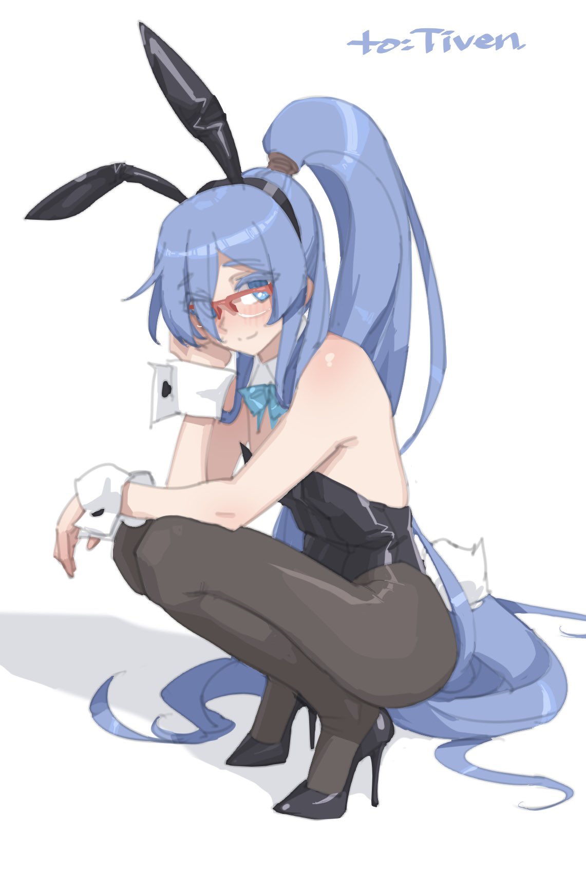 stank, highres, 1girl, animal ears, aqua bow, aqua bowtie, bare shoulders, black leotard, black pantyhose, black shoes, blue eyes, blue hair, blush, bow, bowtie, collar, d'orsay heels, fake animal ears, glasses, hand on own knee, high heels, high ponytail, legs together, leotard, long hair, looking at viewer, nose blush, pantyhose, playboy bunny, ponytail, rabbit ears, rabbit tail, red-framed eyewear, shoes, squatting, tail, very long hair, white collar, white wrist cuffs, wrist cuffs