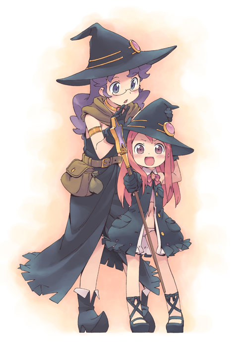 kanzaki hiro, original, >:d, 2girls, :d, ankle lace-up, child, fantasy, hand on headwear, hat, multiple girls, open mouth, panties, purple eyes, purple hair, red eyes, red hair, smile, staff, striped clothes, striped panties, underwear, v-shaped eyebrows, witch hat