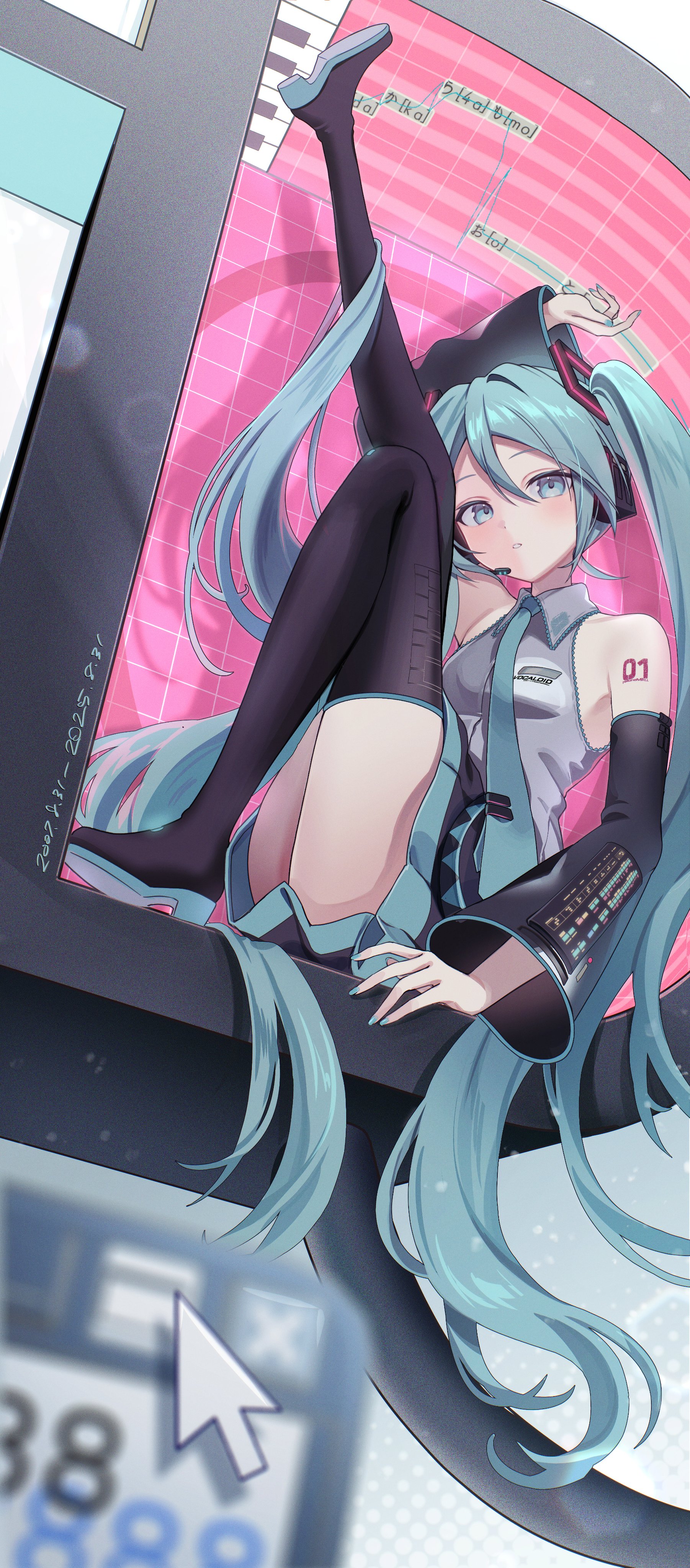vs0mr, hatsune miku, vocaloid, absurdres, highres, 1girl, 39, aqua eyes, aqua hair, aqua necktie, arm up, bare shoulders, black skirt, black sleeves, blue eyes, closed mouth, collared shirt, detached sleeves, grey shirt, hair between eyes, hair ornament, headphones, headset, leg up, long hair, long sleeves, looking at viewer, nail polish, necktie, number tattoo, pleated skirt, shirt, sitting, skirt, sleeveless, sleeveless shirt, solo, tattoo, thighhighs, twintails, very long hair