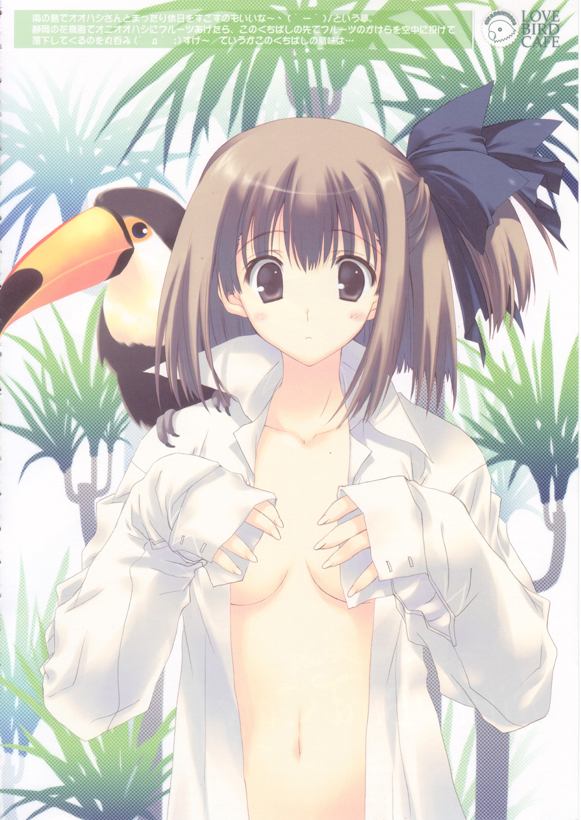 highres, 1girl, animal, animal on shoulder, bird, bird on shoulder, blue eyes, breasts, brown eyes, brown hair, female focus, hair ribbon, long sleeves, navel, no bra, open clothes, open shirt, ribbon, shirt, side ponytail, sleeves past wrists, solo, toucan, white shirt