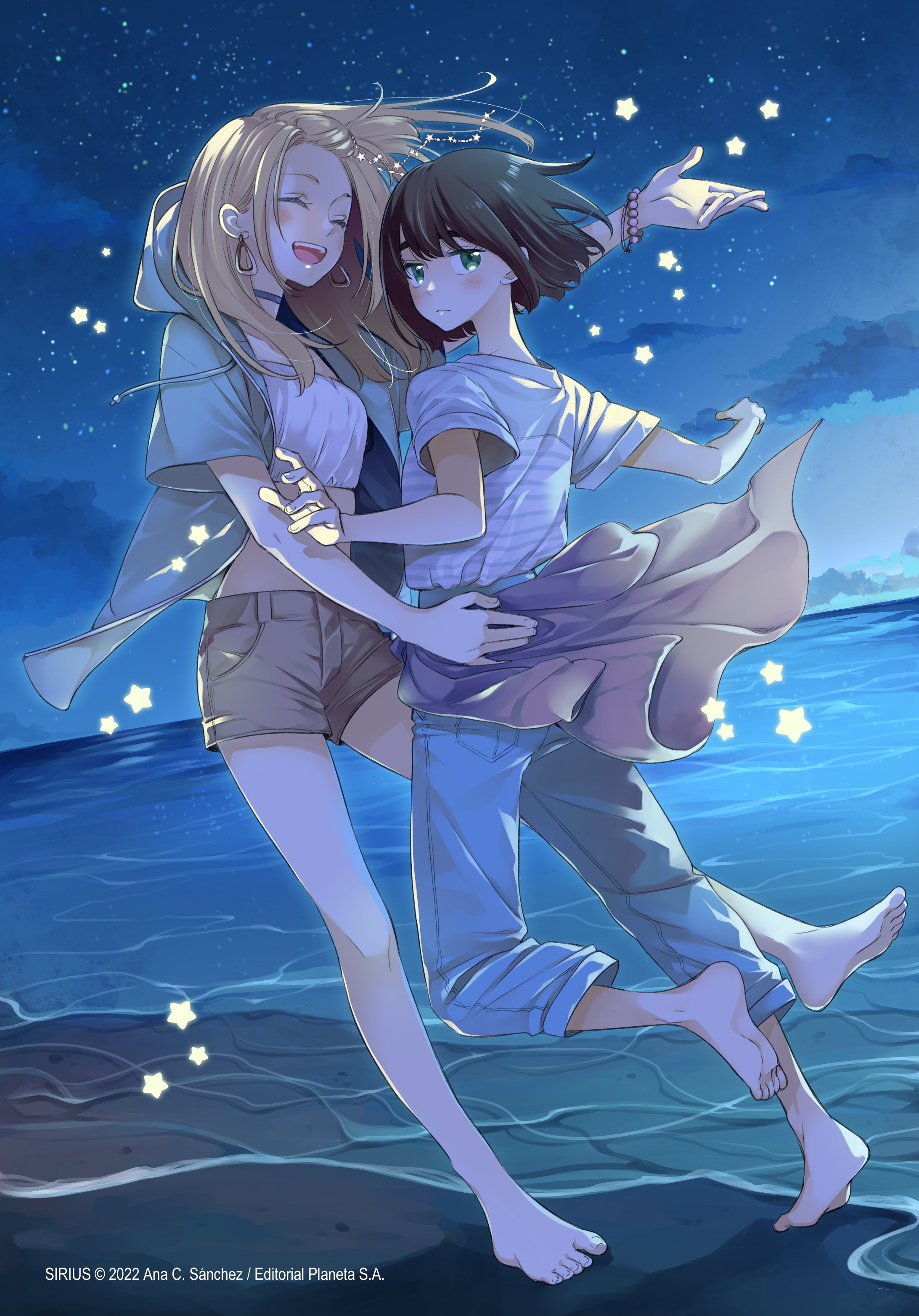 ana c. sanchez, absurdres, character request, commentary, copyright request, highres, official art, symbol-only commentary, 2girls, ^ ^, artist name, barefoot, beach, blonde hair, blush, bracelet, brown hair, choker, closed eyes, closed mouth, copyright notice, denim, earrings, green eyes, jeans, jewelry, long hair, multiple girls, night, night sky, ocean, pants, shirt, short hair, shorts, sky, star (symbol), striped clothes, striped shirt, teeth, upper teeth only, water, yuri