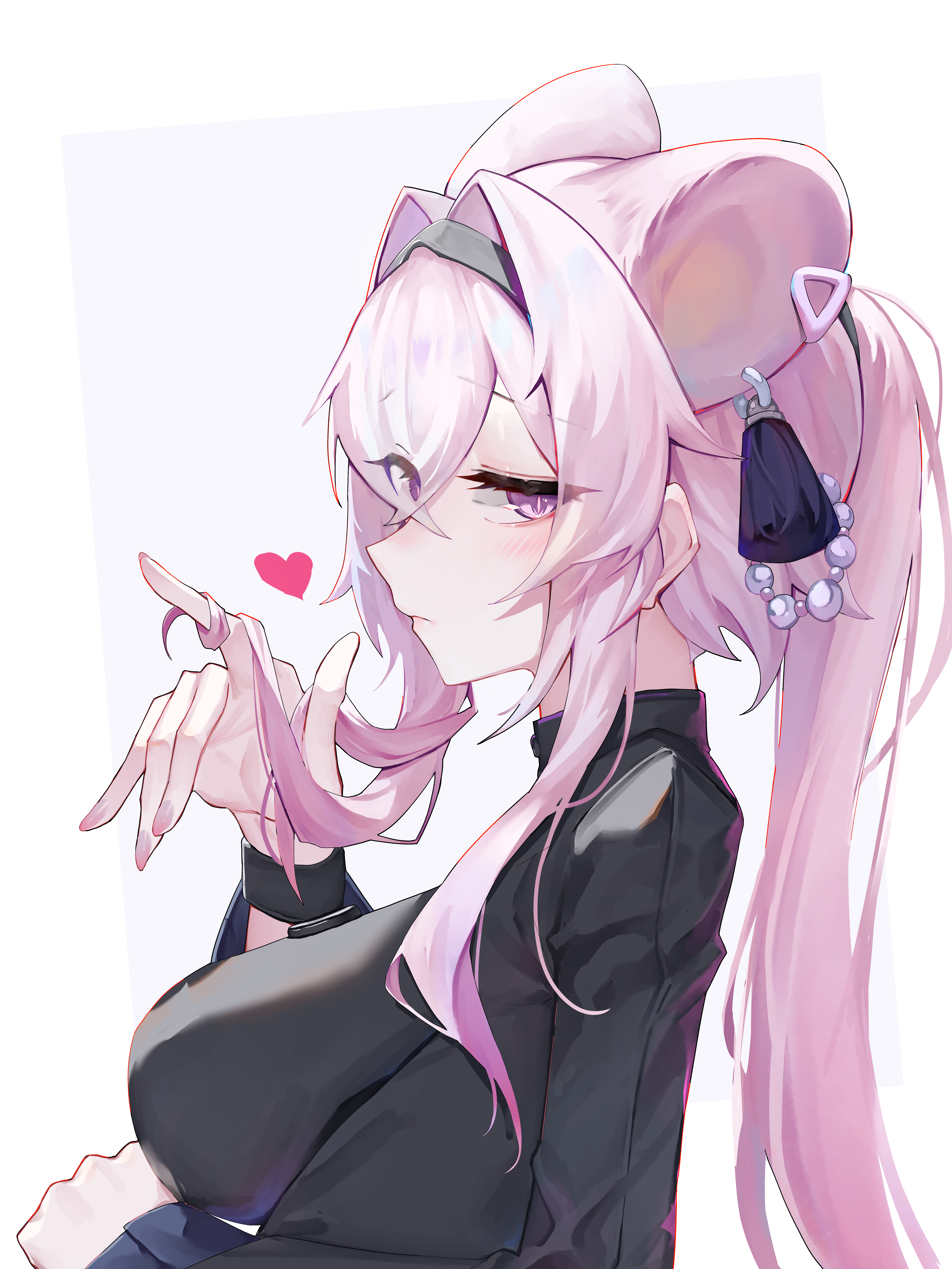 aoria, lin (arknights), arknights, absurdres, chinese commentary, commentary, highres, 1girl, animal ears, black hairband, black jacket, breasts, closed mouth, crossed bangs, fingernails, from side, hair intakes, hairband, hand in own hair, heart, jacket, long hair, long sleeves, medium breasts, pink hair, ponytail, profile, purple eyes, solo, twirling hair, upper body