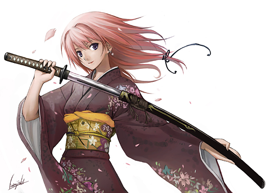 kurojishi, blue eyes, japanese clothes, katana, kimono, red hair, sheath, short hair, solo, sword, unsheathing, weapon
