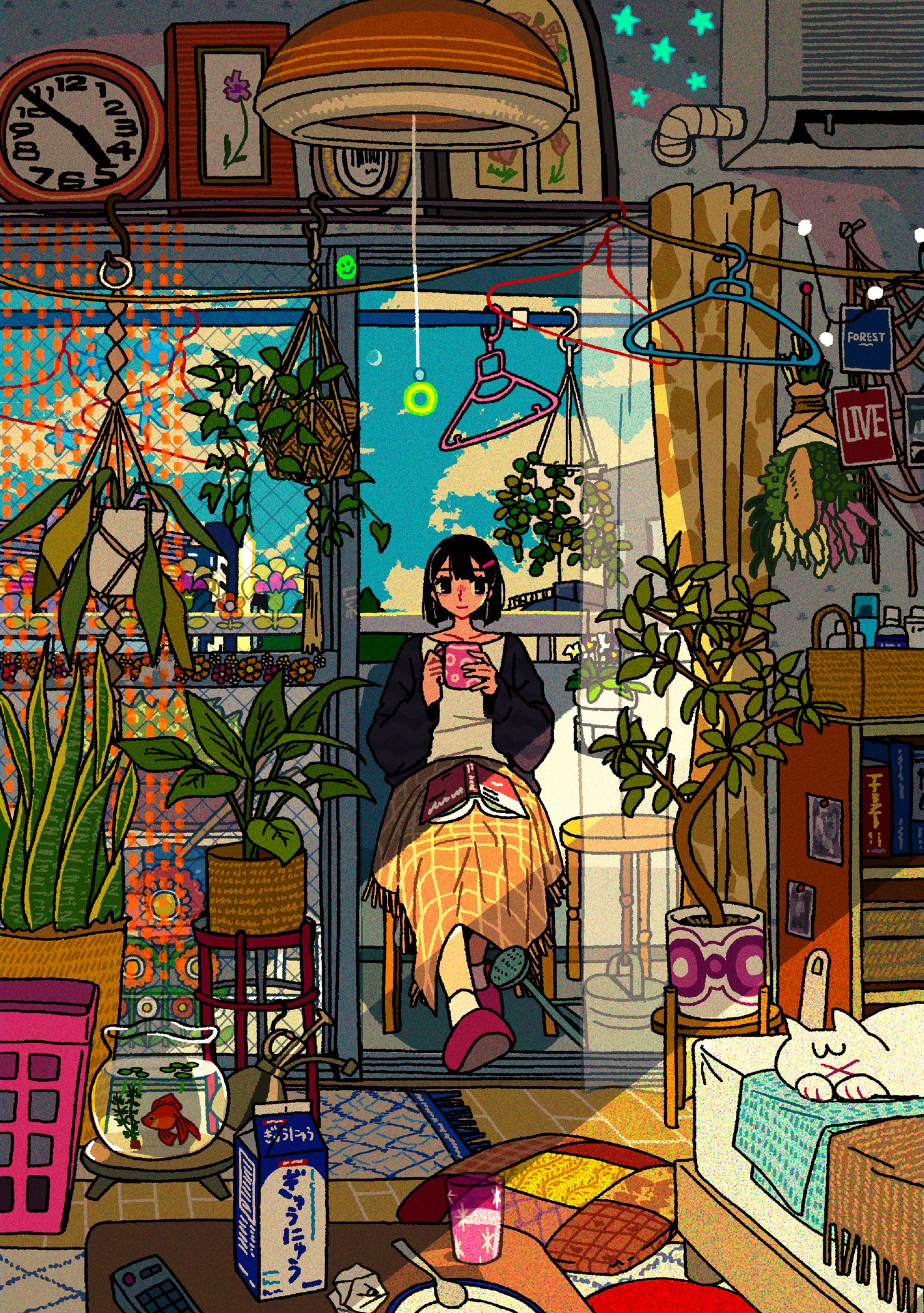 tororotororo, original, highres, 1girl, air conditioner, balcony, bead curtain, black cardigan, black eyes, black hair, blue sky, cardigan, cat, ceiling light, clock, closed mouth, clothes hanger, cup, curtains, fishbowl, full body, hair ornament, hairclip, holding, holding cup, milk carton, on stool, open cardigan, open clothes, picture frame, plant, potted plant, see-through curtains, short hair, sitting, sky, smile, solo, wall clock
