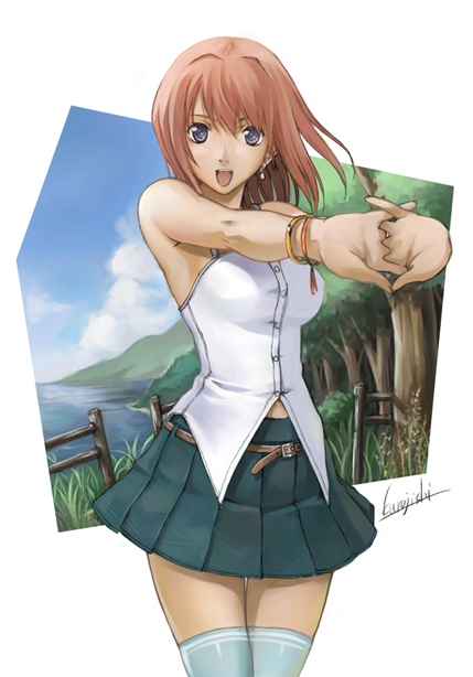 kurojishi, original, blue eyes, cowboy shot, miniskirt, red hair, short hair, skirt, solo, stretching, thighhighs, zettai ryouiki