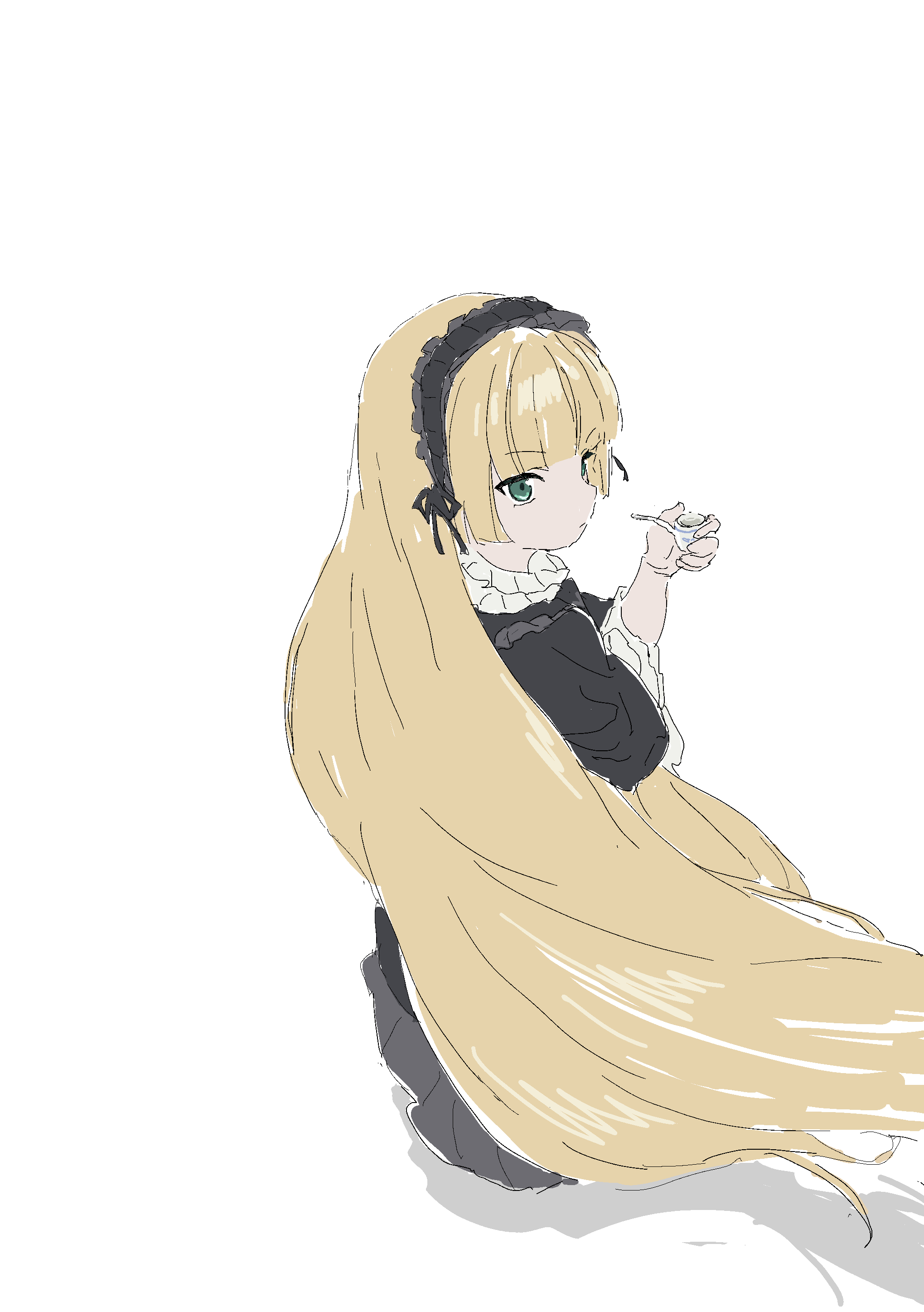 mmmkawaine, victorica de blois, gosick, absurdres, highres, 1girl, black dress, blonde hair, blunt bangs, dress, frills, gothic lolita, gown, green eyes, hairband, hime cut, holding, holding smoking pipe, lolita fashion, lolita hairband, long hair, ribbon, simple background, smoking pipe, solo, very long hair, victorian, white background