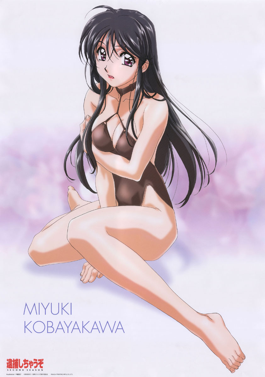 nakajima atsuko, kobayakawa miyuki, taiho shichauzo, highres, official art, scan, 1990s (style), 1girl, :o, ahoge, barefoot, between legs, black hair, black one-piece swimsuit, breasts, brown one-piece swimsuit, casual one-piece swimsuit, character name, choker, cleavage, copyright name, feet, female focus, from side, full body, hair between eyes, halterneck, hand between legs, highleg, highleg one-piece swimsuit, holding own arm, legs, lipstick, logo, long hair, looking at viewer, makeup, medium breasts, one-piece swimsuit, open mouth, purple eyes, retro artstyle, sitting, solo, swimsuit, wariza