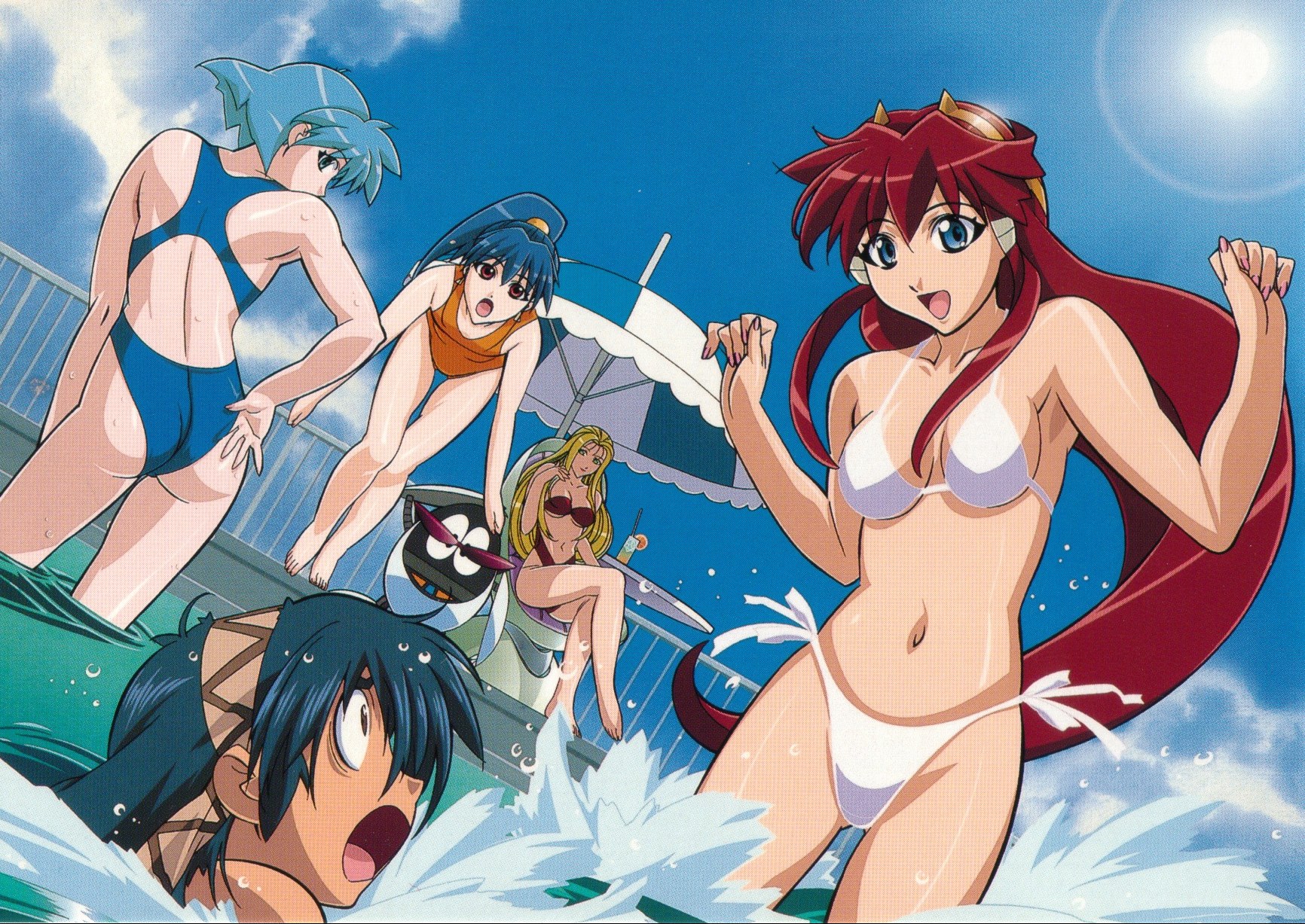 kuroda kazuya, dita liebely, hibiki tokai, jura basil elden, meia gisborn, misty cornwell, pyoro, vandread, highres, scan, scan artifacts, 00s, 4girls, :d, :o, adjusting clothes, adjusting swimsuit, ass, bandeau, barefoot, bent over, bikini, blonde hair, blue eyes, blue hair, breasts, casual one-piece swimsuit, chair, cleavage, cloud, competition swimsuit, crossed legs, day, drink, drinking straw, dutch angle, earrings, feet, fence, flat chest, green eyes, hair ornament, hairband, jewelry, jumping, legs, long hair, looking back, medium breasts, multiple girls, navel, necklace, one-piece swimsuit, open mouth, outdoors, pool, poolside, red eyes, red hair, robot, short hair, side-tie bikini bottom, sitting, sky, smile, splashing, standing, submerged, sun, surprised, swimsuit, table, thigh gap, toes, umbrella, underboob, very long hair, wading, water, wet, white bikini
